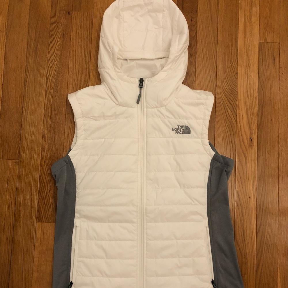 The North Face White and Gray Hooded Puffer Vest